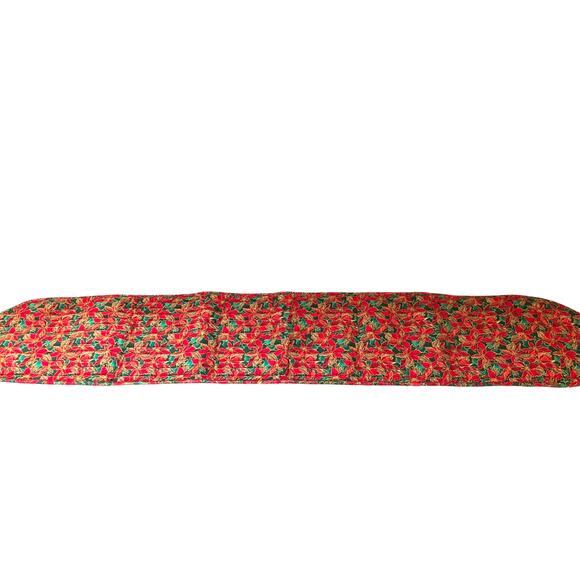 Vintage Handmade Christmas Table Runner Poinsettia 68"x 12" Quilted Red Green - Picture 1 of 4